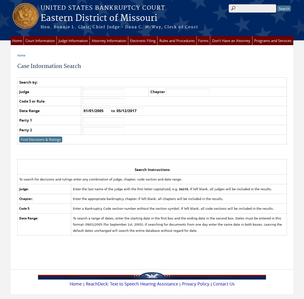 Madison County case lookup bankruptcy case information search page