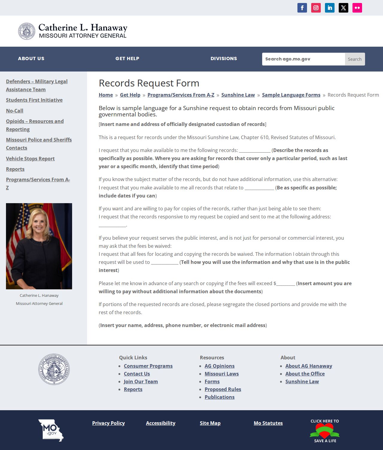 Madison County court records request source from Missouri Attorney General sample form