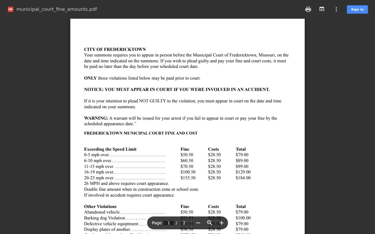 Madison County traffic court records source from Fredericktown municipal fine schedule
