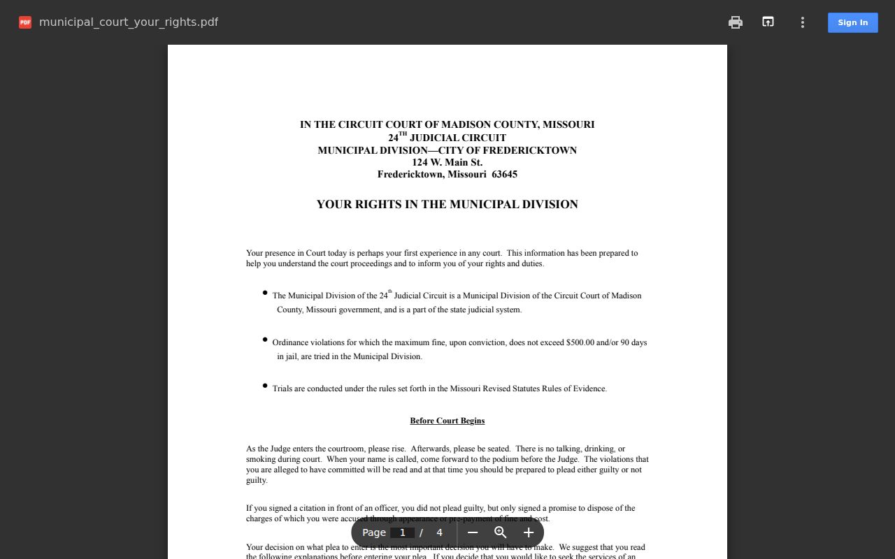 Madison County traffic court records source from Fredericktown municipal rights packet